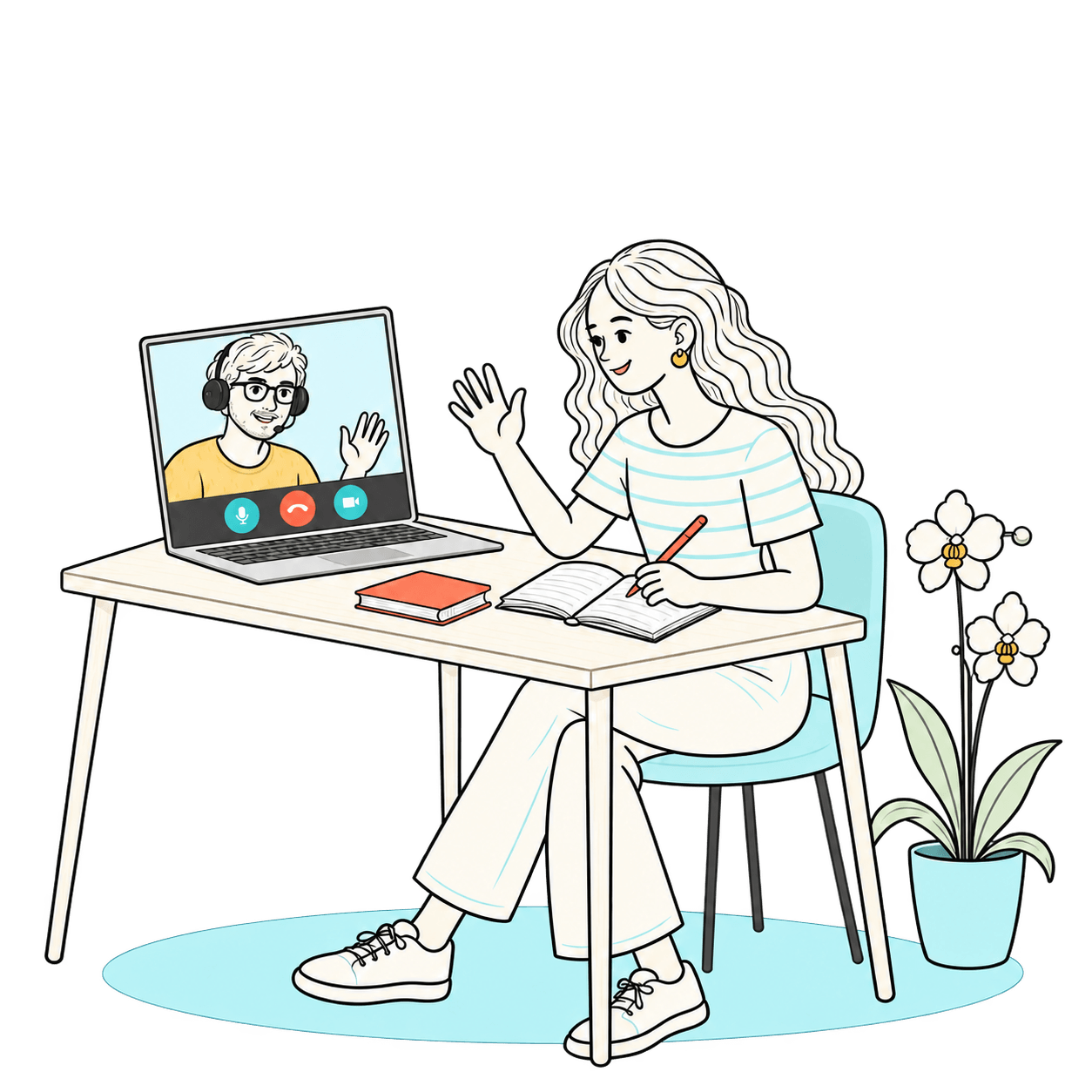 A student takes notes at her desk while speaking with her tutor on a laptop. An orchid stands beside her chair.