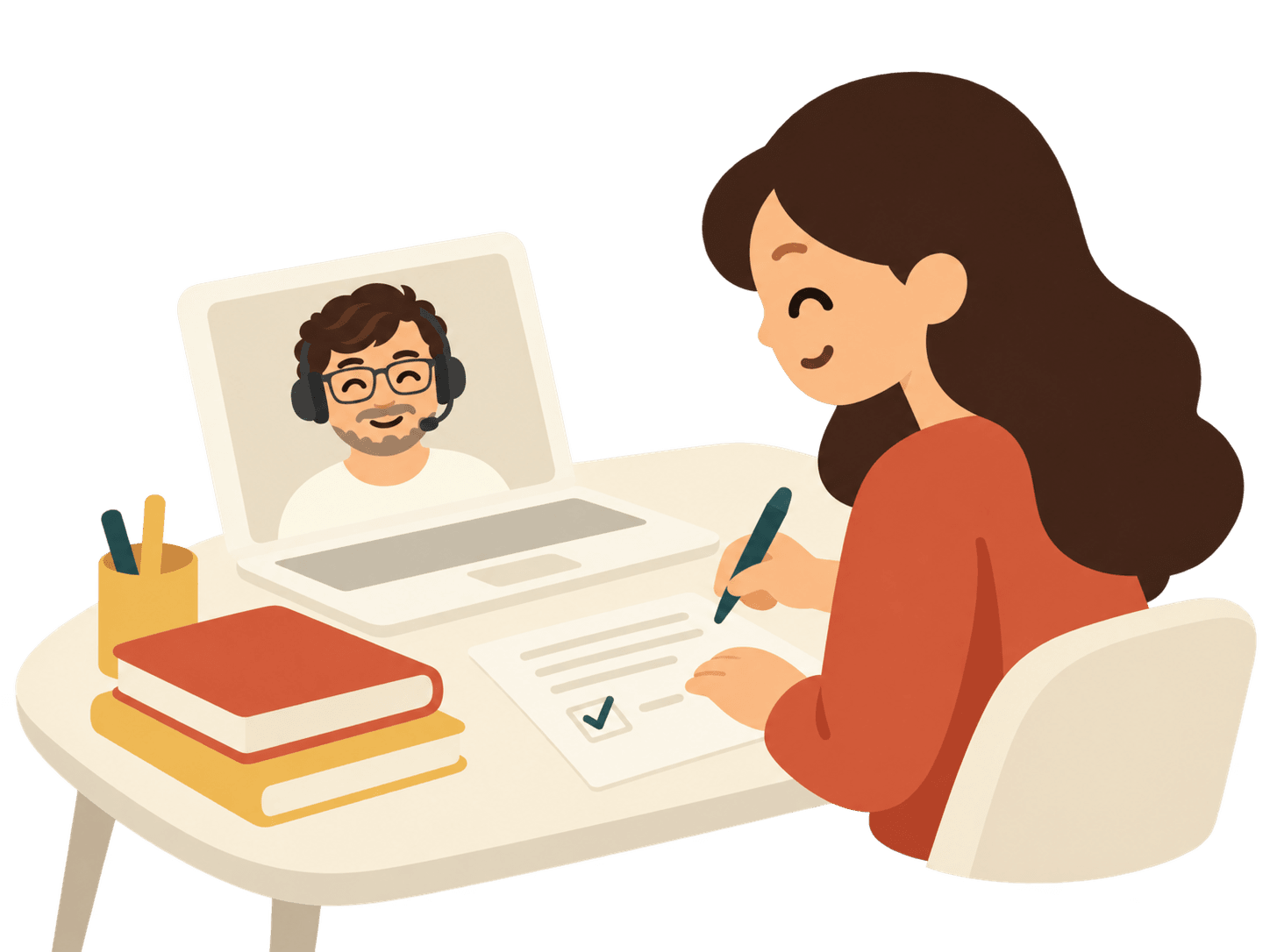 A student at a desk with schoolbooks and a laptop showing their tutor, checking off a worksheet