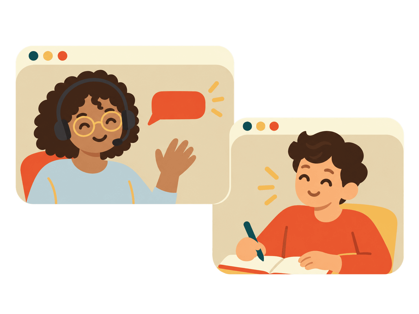 A tutor and a student in two video call windows, the tutor explaining and the student taking notes