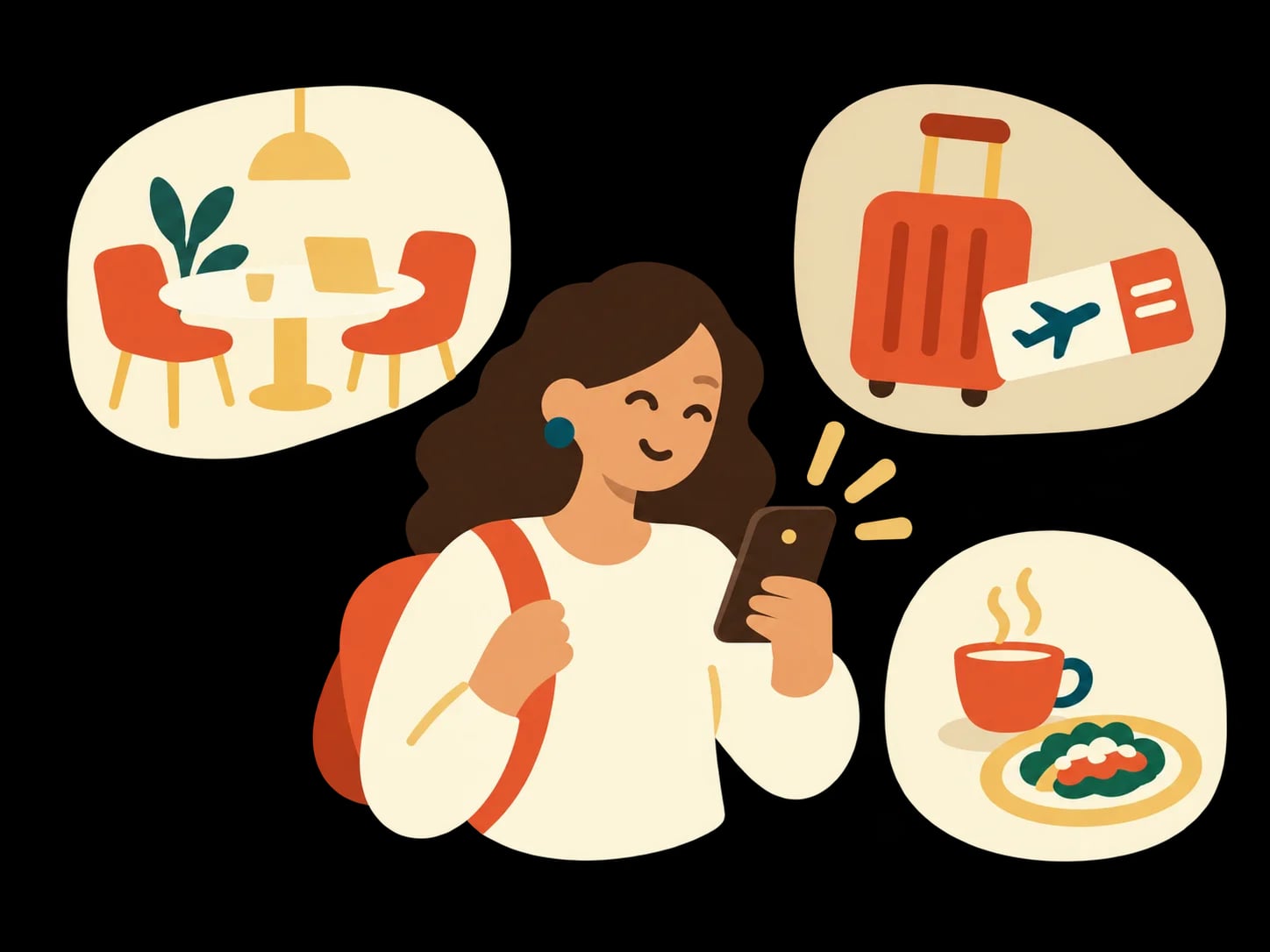 A woman with a phone, surrounded by a cafe table, a suitcase with a boarding pass, and a coffee with food